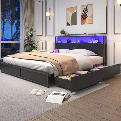 LED Bed Frame Full/QueenKing Size with 2 USB Ports and Outlets, Platform Metal Bed Frame with 4 Storage Drawers and Headboard