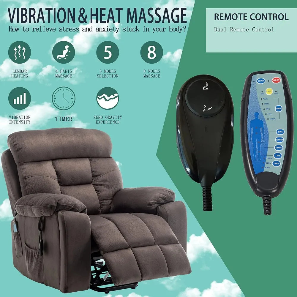 Lift Recliner for Big and Tall Seniors: 9689 High Density Foam Lift Chair with Heat and Vibration Massage, 2 Side Pockets, 2 Cup