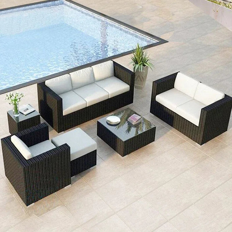 Outdoor rattan sofa, rainproof and sunscreen woven three piece set, tea table combination, outdoor furniture