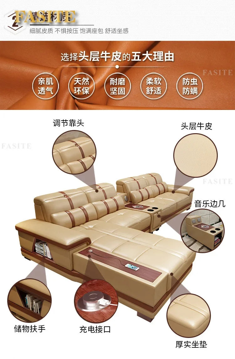 Living Room Sofa storage corner real genuine leather sofas salon couch puff asiento speaker bluetooth canape L shape sofa cama