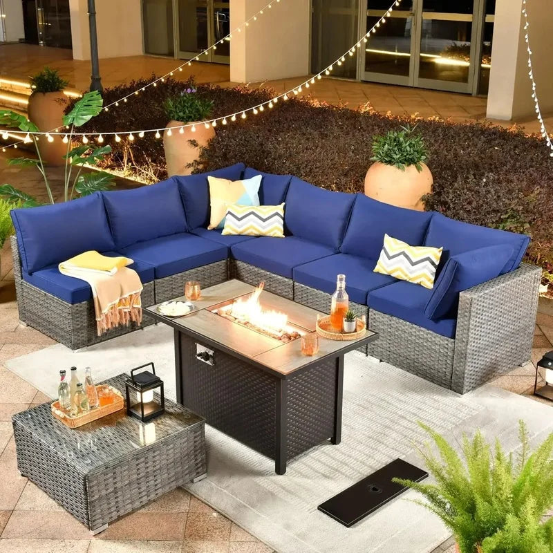 8-Piece Outdoor Patio Furniture Set with Fire Pit Table, Sectional Wicker Couch and Coffee Table for Comfortable Conversations