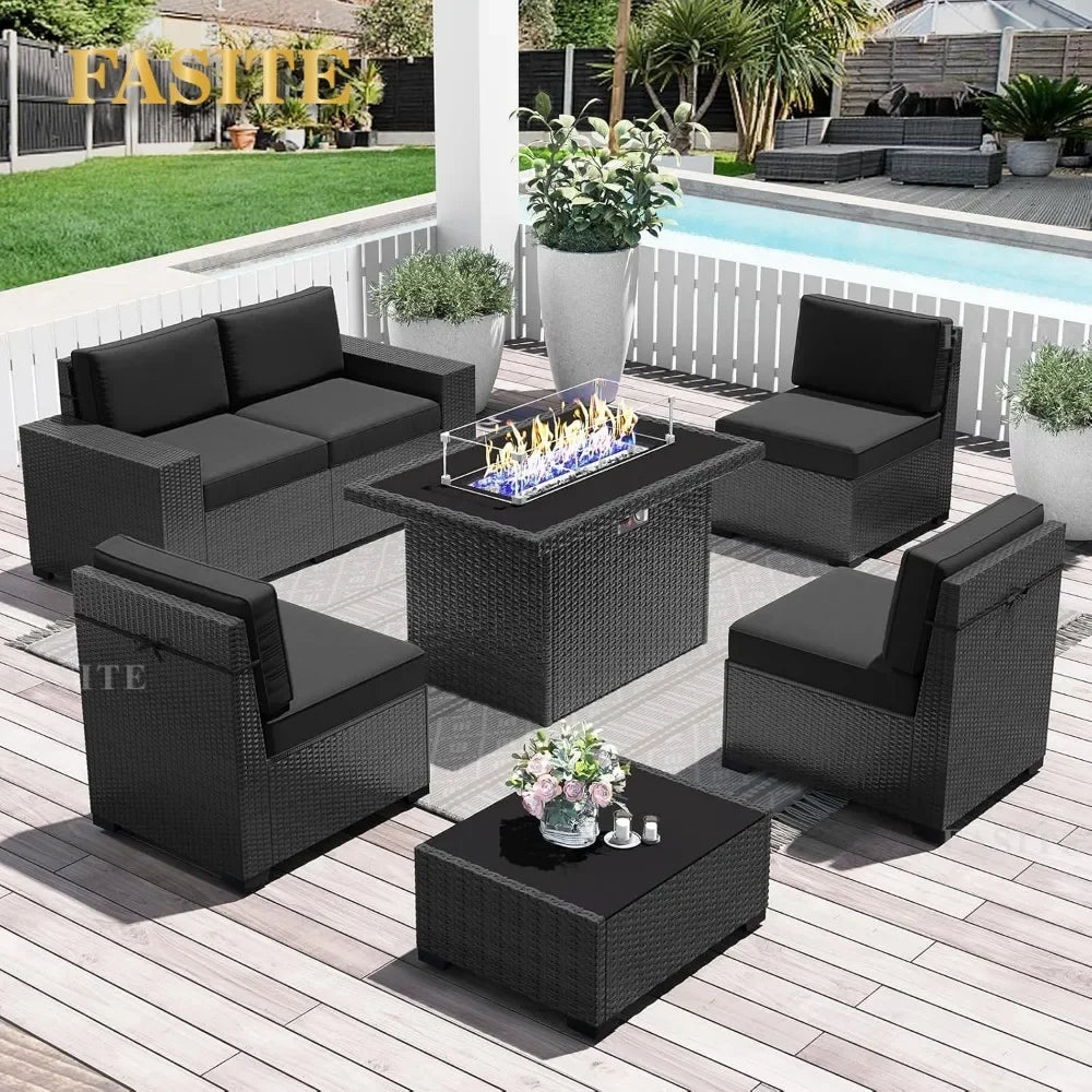 7-Piece Outdoor Patio Furniture with 44-inch Fire Pit Table Rattan Sectional Sofa Conversation Set