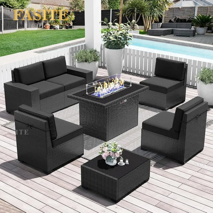 7-Piece Outdoor Patio Furniture with 44-inch Fire Pit Table Rattan Sectional Sofa Conversation Set