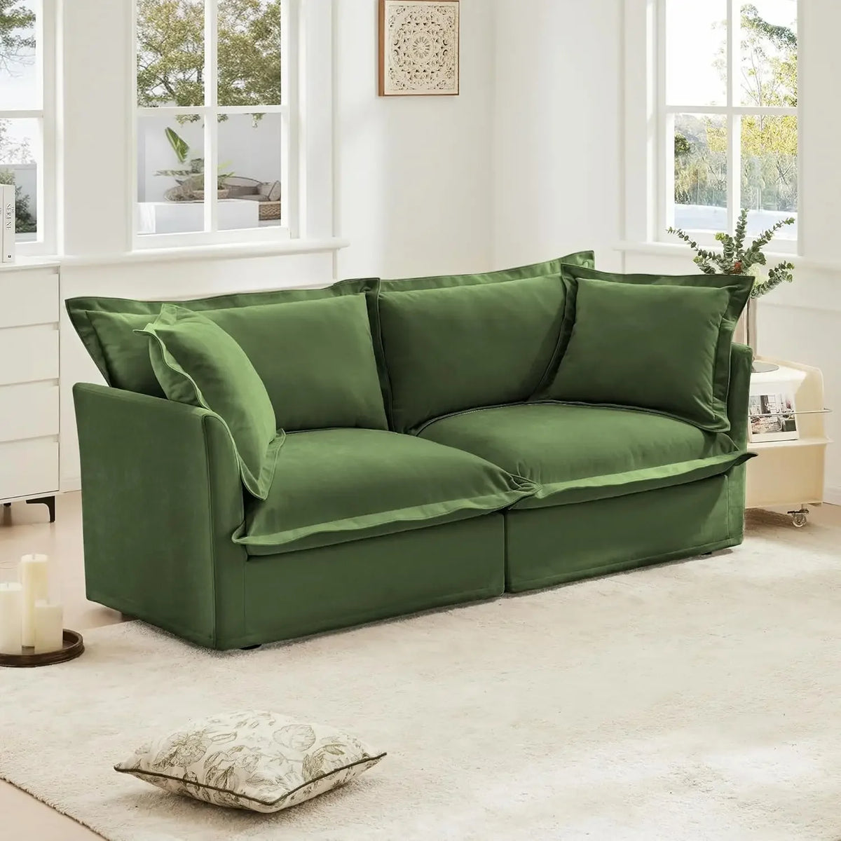 Comfortable modern three seater sofa with soft armrests, deep seated sofa with multiple soft large pillows