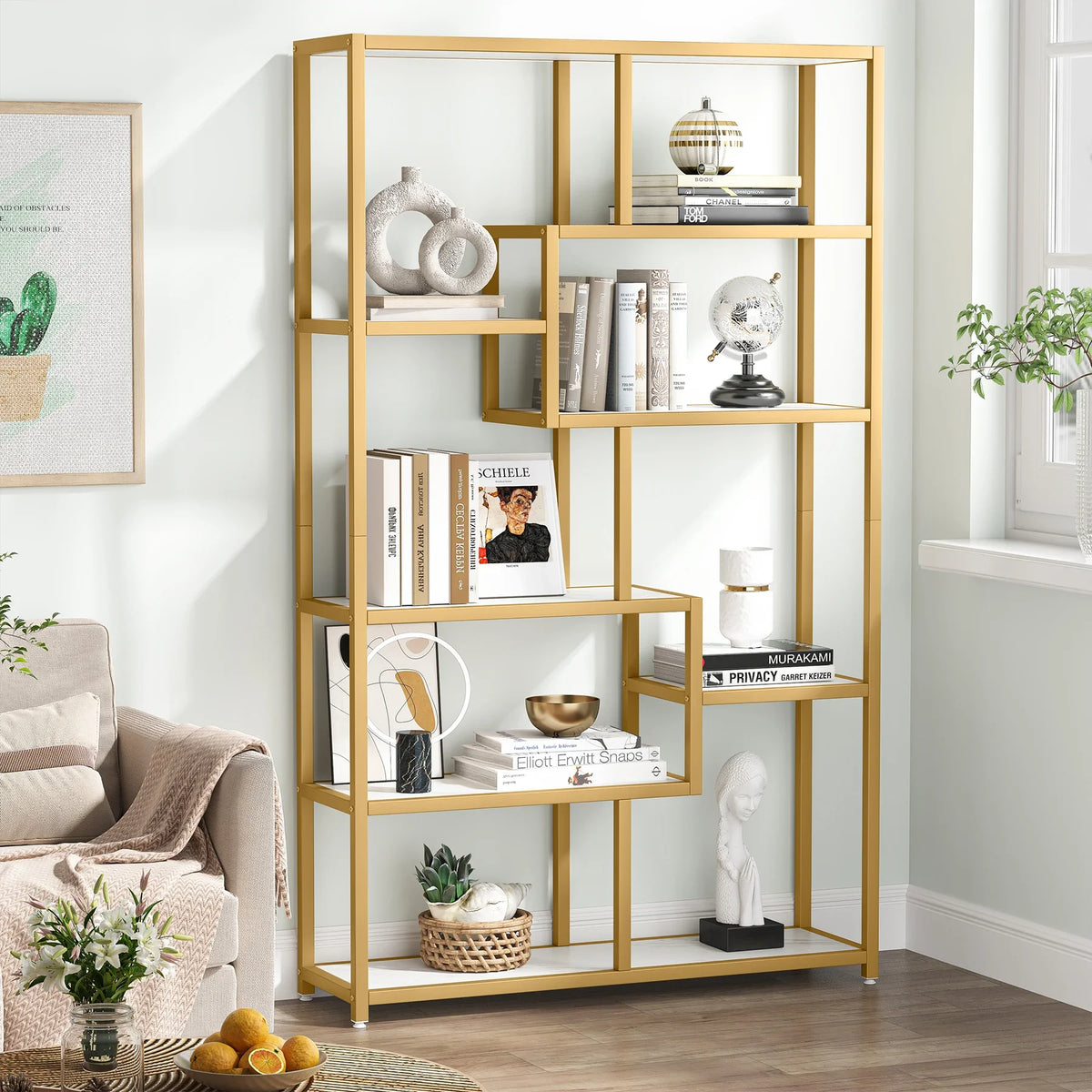 Tribesigns Bookshelf Bookcase, Gold 8-Open Shelf Etagere Bookcase with Faux Marble, Modern Book Shelves Display Shelf