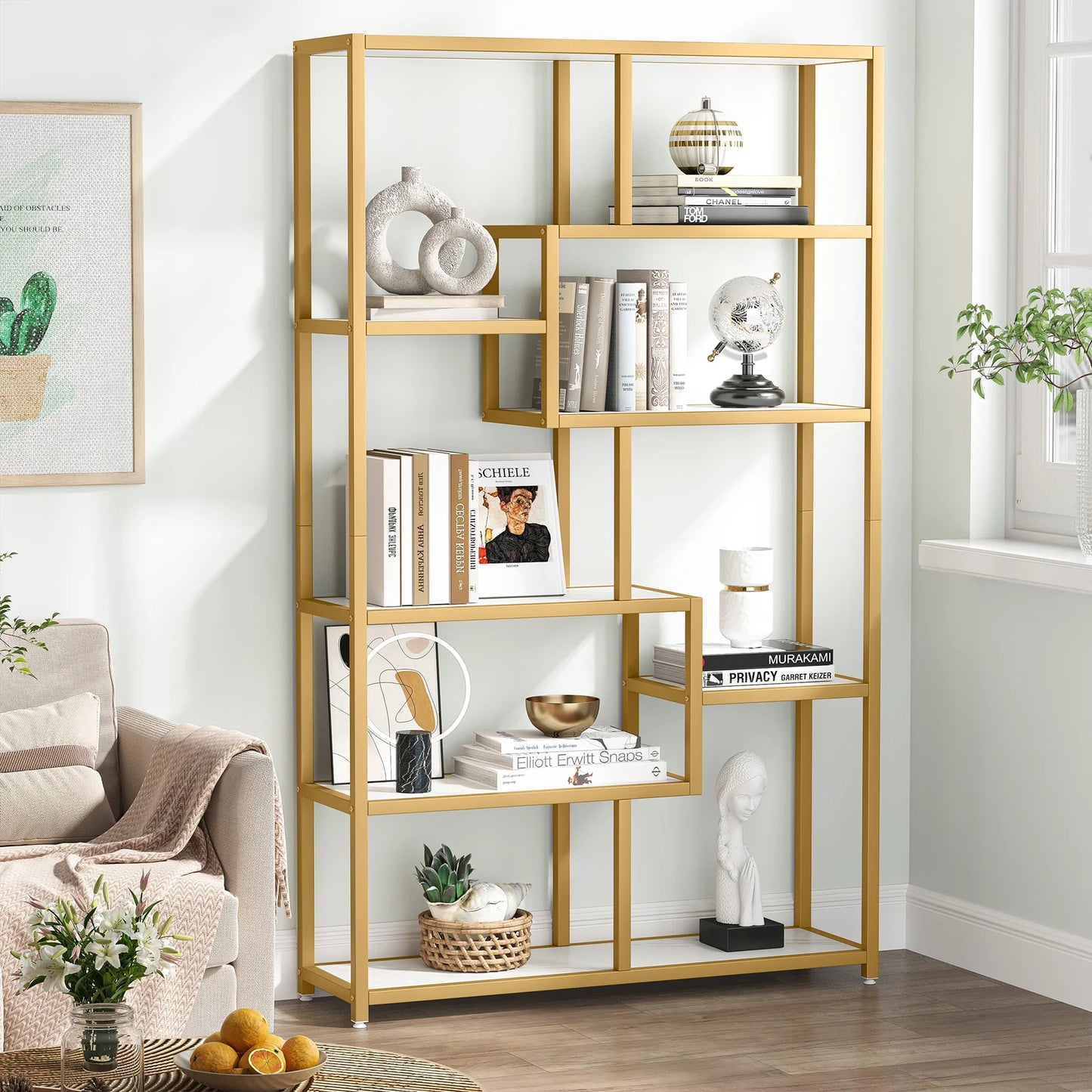 Tribesigns Bookshelf Bookcase, Gold 8-Open Shelf Etagere Bookcase with Faux Marble, Modern Book Shelves Display Shelf