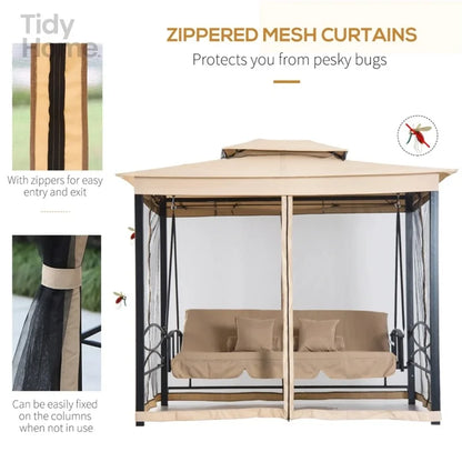 Outdoor Swing Chair with Double Canopy, Mesh Sidewalls, Cushioned Seating and Pillows for Patios and Gazebos