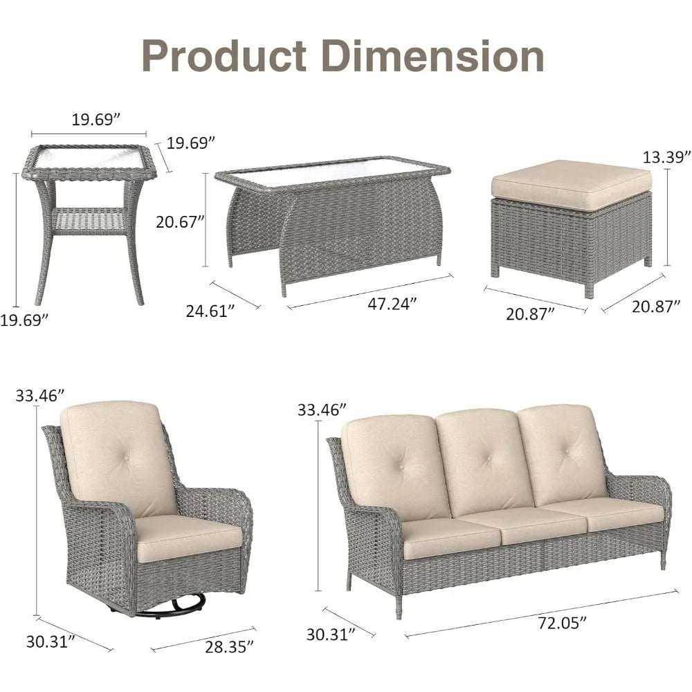 7 Pieces Rattan Sofa - Outdoor Furniture Patio Conversation Set with Swivel Rocking Chairs, Coffee Table & Ottomans for Backyar