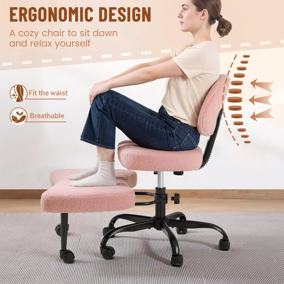 Ergonomic Cross Legged Office Desk Chair with Wheels, 360° Swivel and Adjustable Height for Meditation and ADHD,Criss Cross Knee
