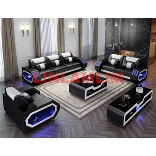 Futuristic LED Italian Genuine Leather Sofa Set – Modern Sectional Couch with Illuminated Arm Storage and High-Density Cushions
