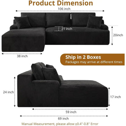 L-Shaped 106 Cloud Sectional Sofa with Chaise, Deep Seating, Upholstered for Living Room or Bedroom, Black, Ready to Use