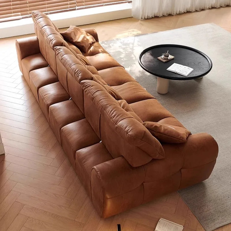 Retro oil wax leather sofa, small apartment living room straight row sofa, large sitting depth movable backrest medium ancient