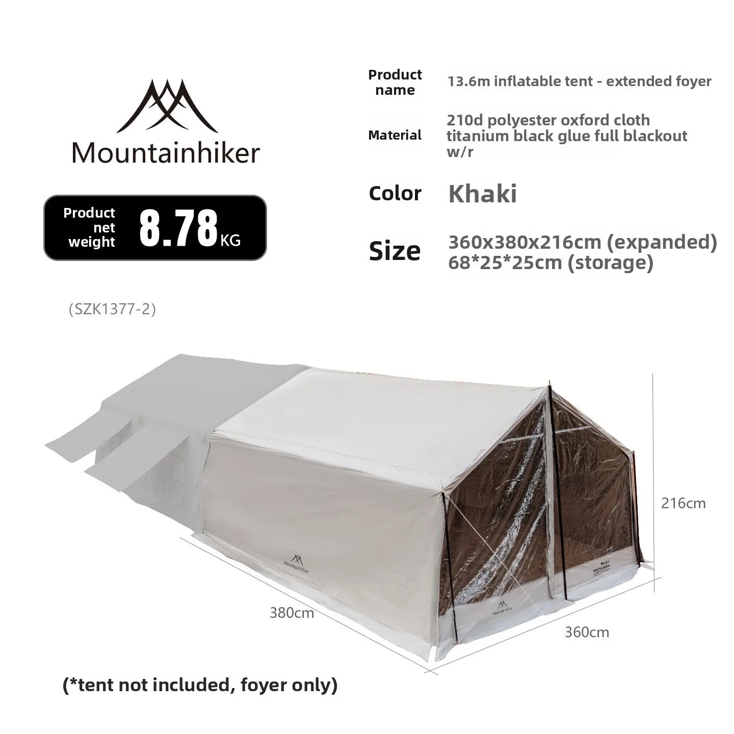 Mountainhiker 13.6㎡ Large Inflatable Tent Outdoor Camping 8-10 Person Tent Rainproof Family Awning Beach Quick Open Fishing Park