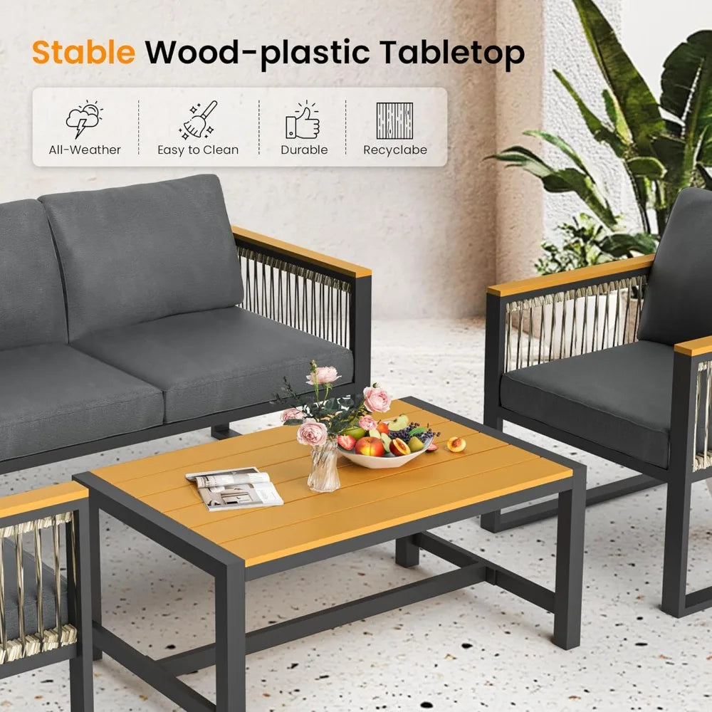 6 Pieces Outdoor Patio Furniture Set with Wicker Handrails, Plastic-Wood Balcony Furniture with Wicker Arm Panel, All-Weather M