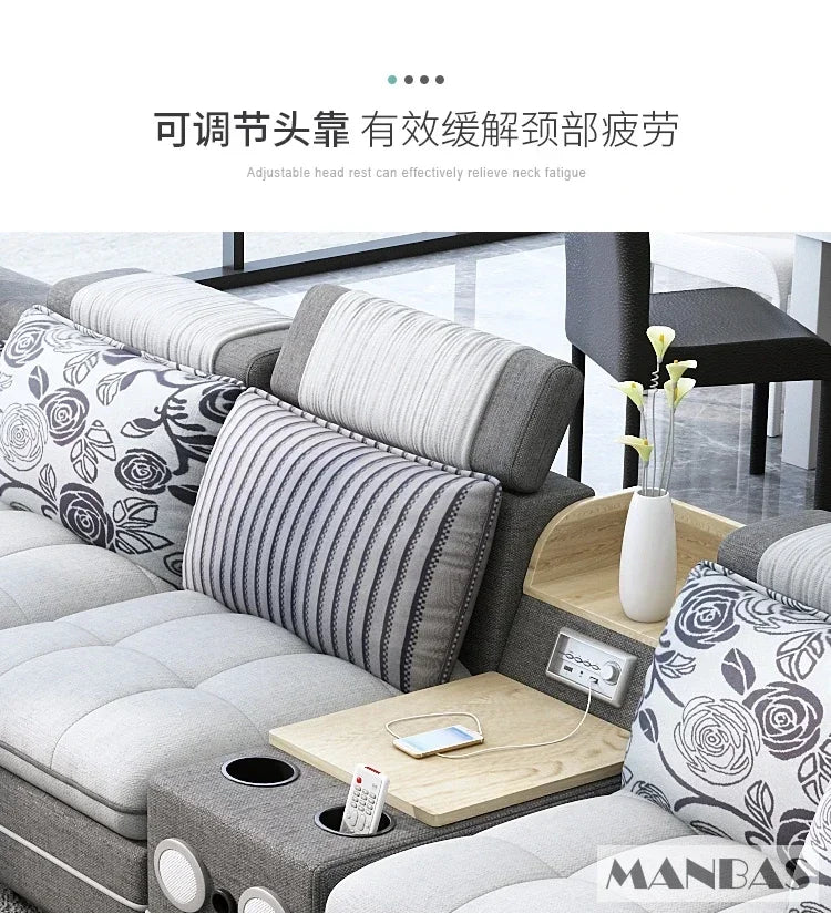 MANBAS Modern U-Shaped Fabric Sectional Sofa Set with Storage, Cup Holders, Speaker, USB, Bookshelf and Stools for Living Room