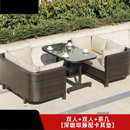 European Outdoor Garden Sofas Leisure PE Rattan Garden Terrace Sofa Chair Set Courtyard Balcony Double Sofa Outdoor Furniture AA