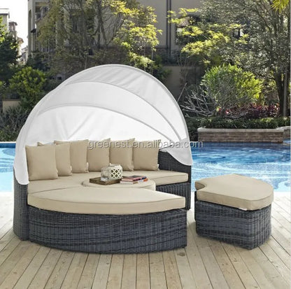 Cheap Outdoor Round Bed Rattan Daybed with Canopy