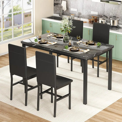 Modern Faux Marble Dining Table Set for 4 with 4 PU Leather Chairs, Black