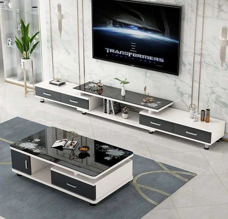 Modern & Minimalist Tempered Glass Expandable TV Stand & Coffee Table Set - European Style, Ideal for Small - Space Living Rooms