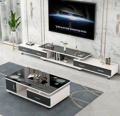 Modern & Minimalist Tempered Glass Expandable TV Stand & Coffee Table Set - European Style, Ideal for Small - Space Living Rooms