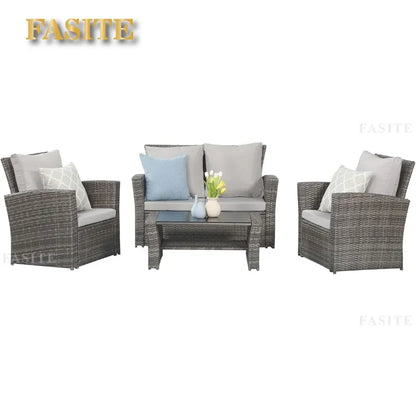 Wicker Conversation Set for Porch Deck Camping Gray Rattan Sofa Chair With Cushion  Camping Table Patio Furniture Outdoor Set