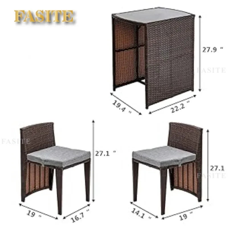 Outdoor Table, 3 PCS Wicker Outdoor Patio Set, with Glass Top Table Dining Chairs, Tables and Chairs Set of 2