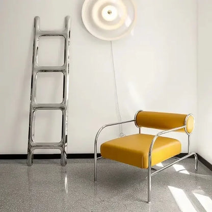 Art Deco Style Chrome & Leather Lounge Chair,Accent Leisure Chair with Geometric Metal Frame,Retro Furniture for Living Room
