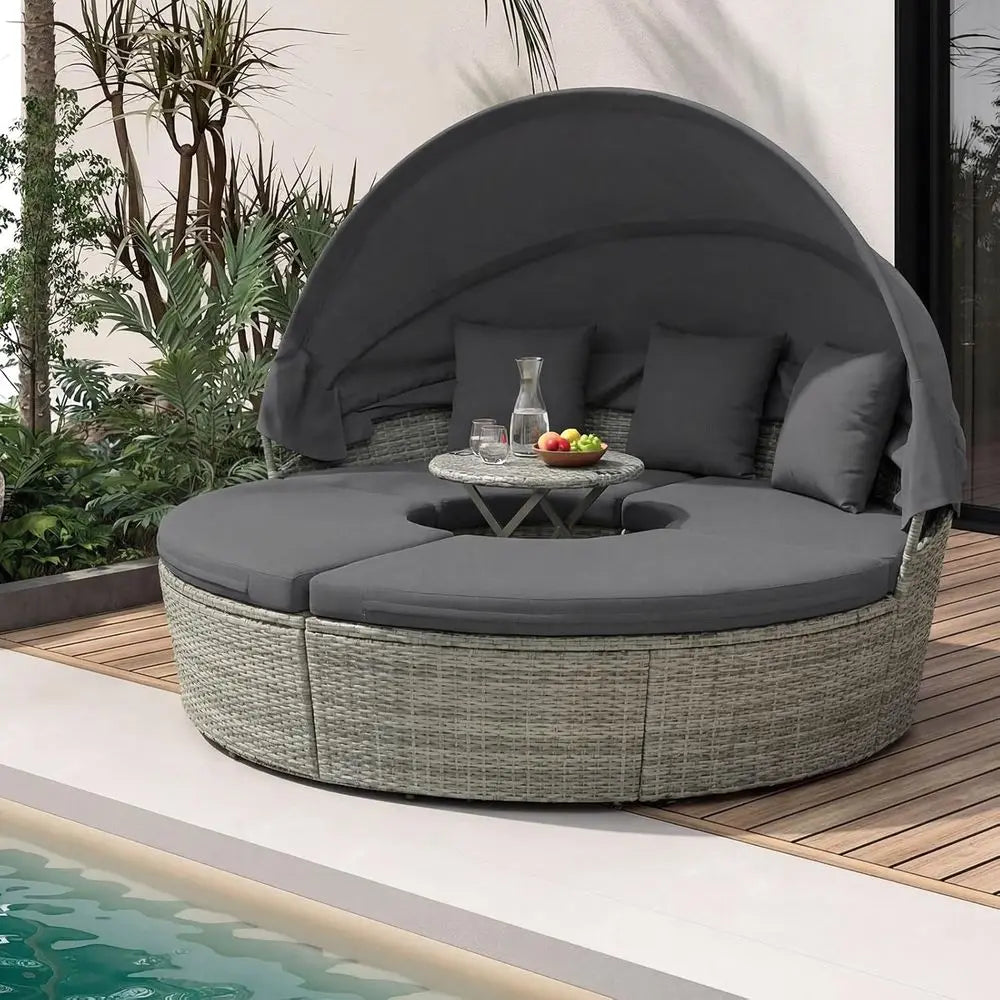 Patio Round Daybed with Retractable , Outdoor Wicker Rattan urniture Set, Sectional Cushioned Soa Set with Height Adjustable Coe