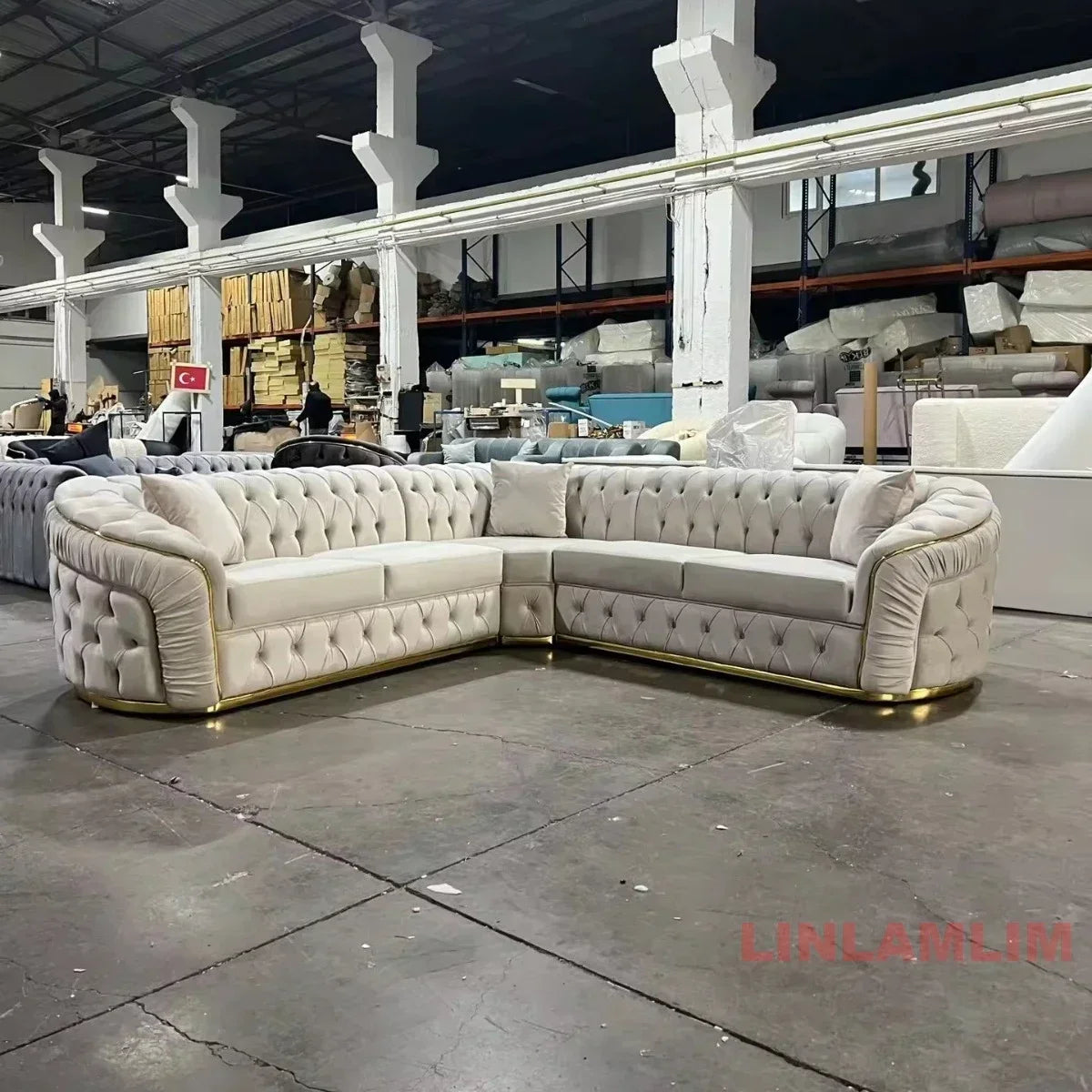 Luxury Chesterfield Sectional Sofa Set With Cloth Buttons And Fabric Modular Couch With Gold Stainless Steel Base, 3-seater