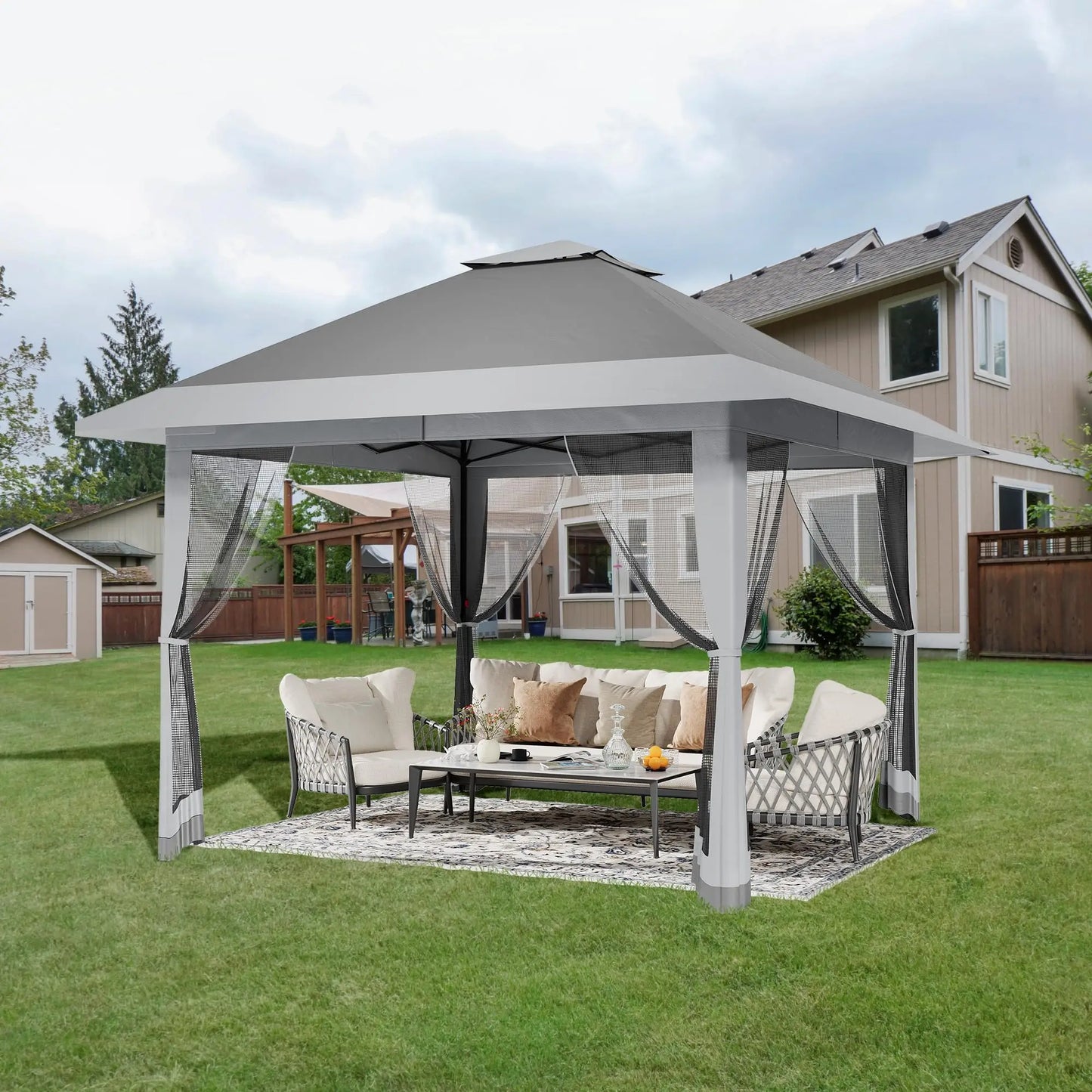 13x13Ft Pop Up Canopy Tent, One Push Setup Outdoor Gazebo With Mosquito Netting, Waterproof UV Protection Instant Shade Shelter