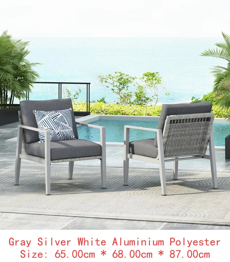 Set of 2 Silver Aluminum Lounge Chairs with Rope Accents and Cushions for Modern Indoor and Outdoor Spaces