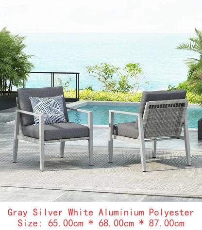 Set of 2 Silver Aluminum Lounge Chairs with Rope Accents and Cushions for Modern Indoor and Outdoor Spaces