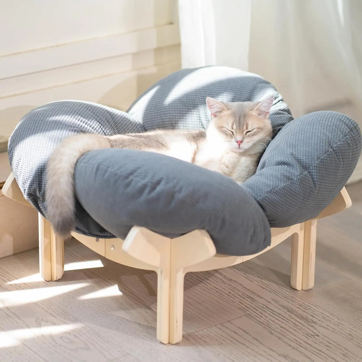 Elevated Cat Bed Wooden With Cushion Fluffy Pet Couch Sofa For Indoor Cats Raised Kitty Lounge Chair Suitable