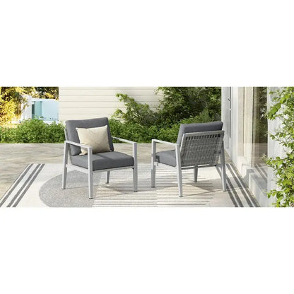Set of 2 Silver Aluminum Lounge Chairs with Rope Accents and Cushions for Modern Indoor and Outdoor Spaces