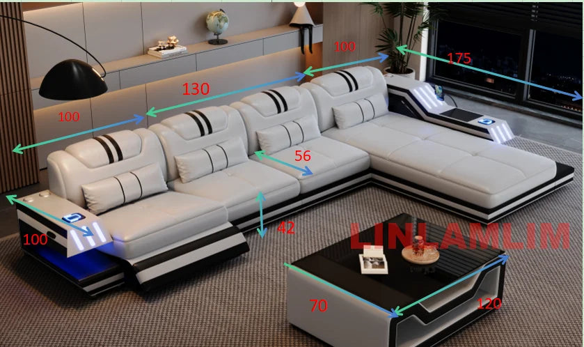 Convertible Genuine Leather Sectional Sofa Bed with Adjustable Headrests, Electric Recliners, Storage, Speakers, USB & LED Light