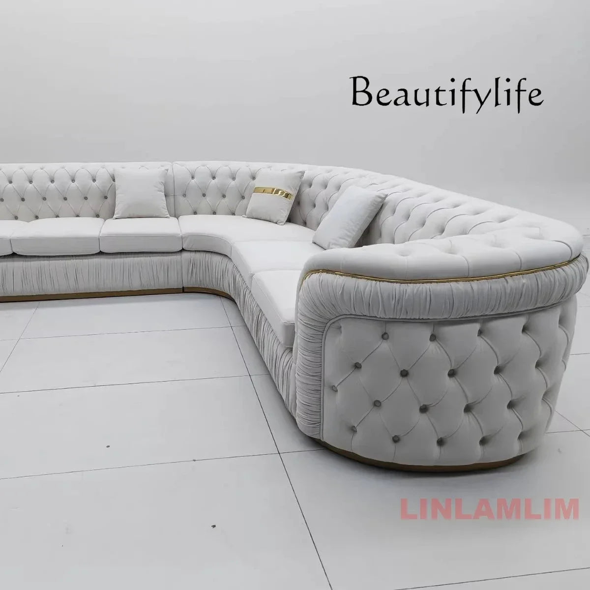 A Luxury Chesterfield Sectional Sofa Set With Cloth Buttons And Fabric Modular Couch With Gold Stainless Steel Base, 3-seater So
