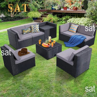 y 8-piece outdoor wicker terrace furniture set with large storage and glass tabletop, 7 padded sofas and 1 oversized table