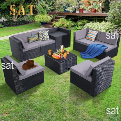 y 8-piece outdoor wicker terrace furniture set with large storage and glass tabletop, 7 padded sofas and 1 oversized table