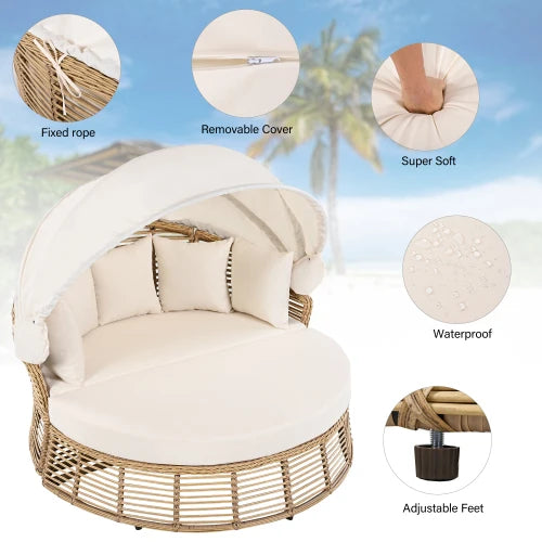 Outdoor terrace rattan circular sofa with retractable canopy, willow furniture circular poolside sofa with detachable cushion