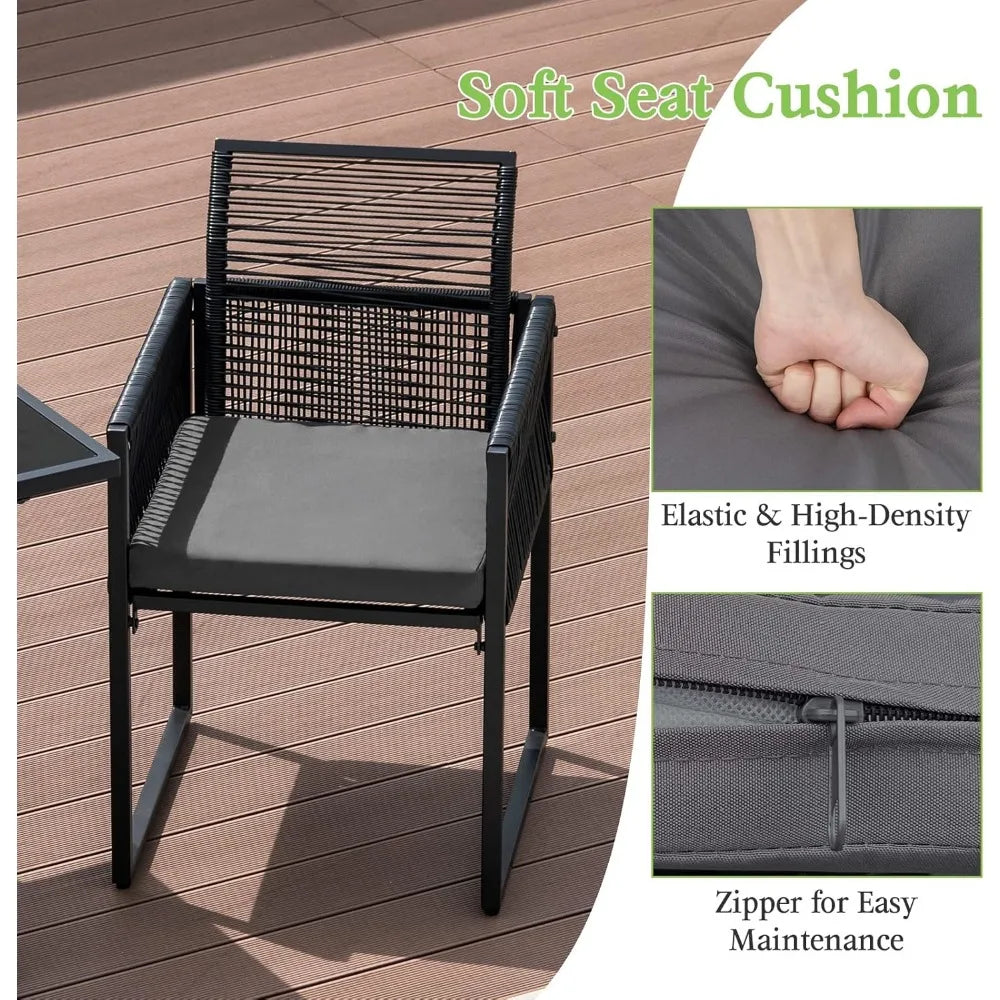 Outdoor Patio Dining Set with Cushions, Folding Backrest, Tempered Glass Table, PE Rattan Furniture