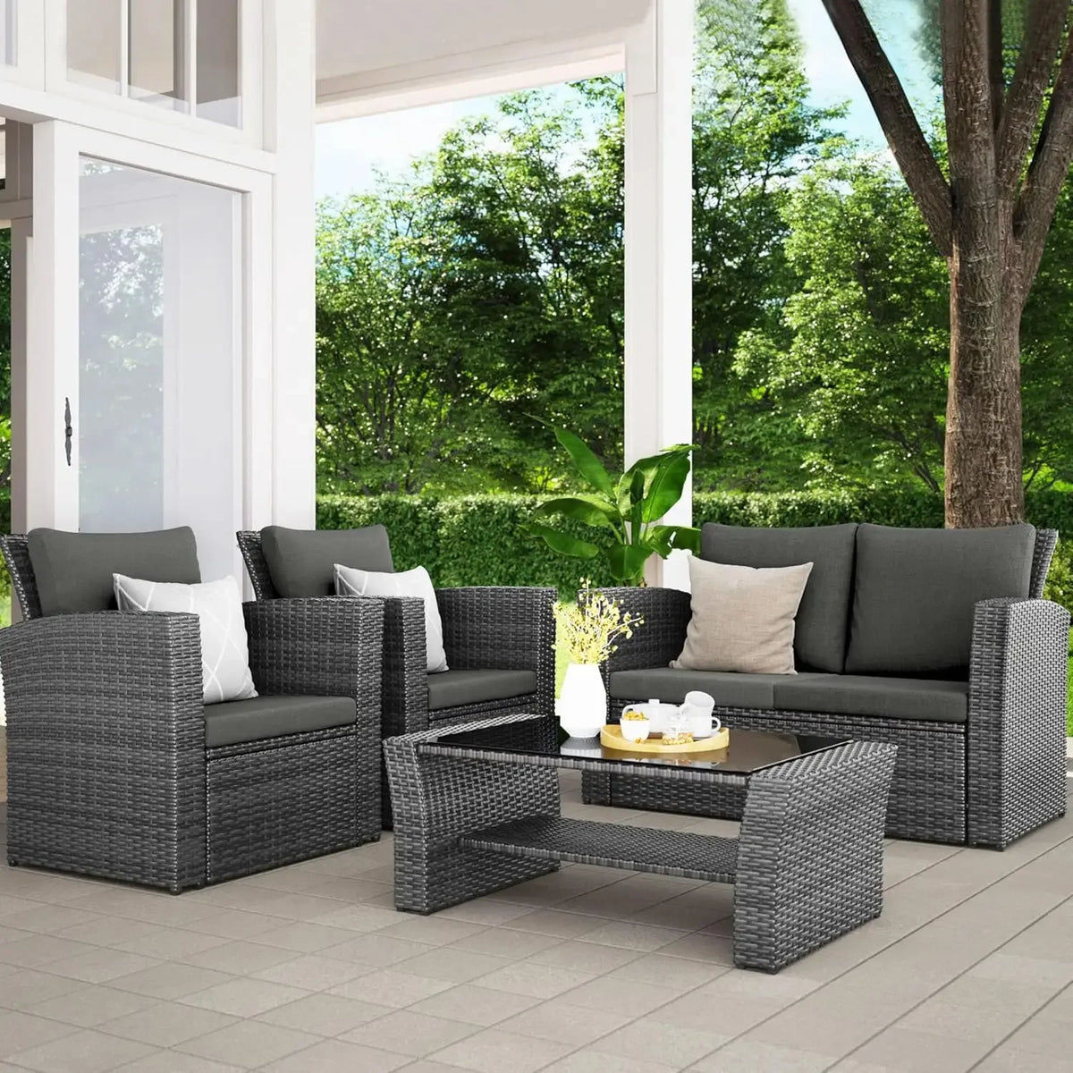 Top-Quality 4 Piece Outdoor Patio Furniture Sets, Wicker Conversation Set for Porch Deck