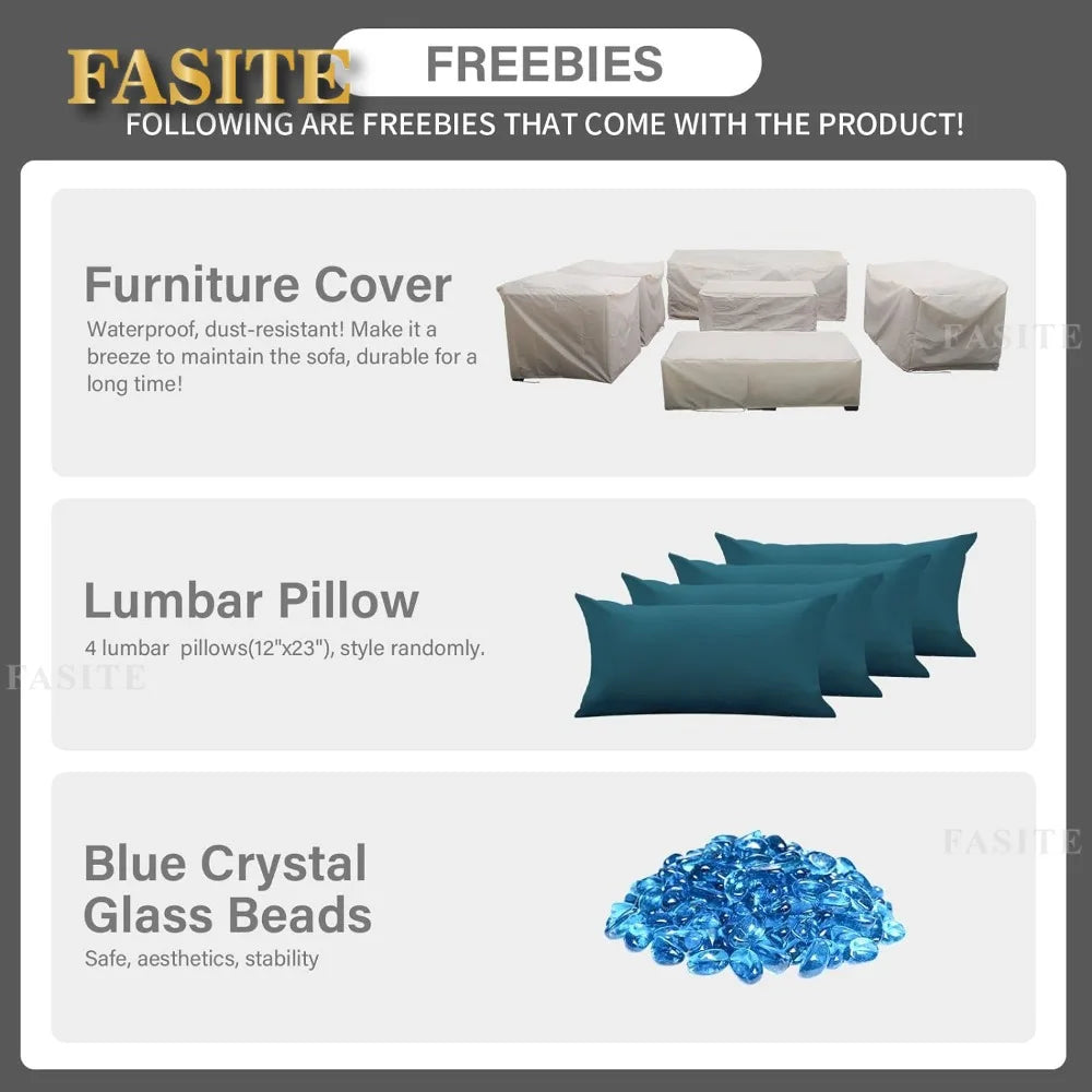 patio furniture set 45 inch outdoor fire pit 7 pieces outdoor furniture set patio sofa outdoor chair , peacock blue