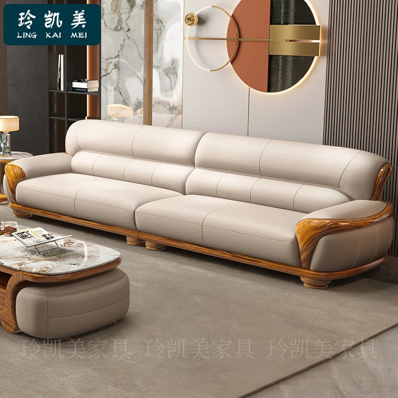 New Chinese ebony leather sofa living room combination size apartment first layer cowhide straight row sofa
