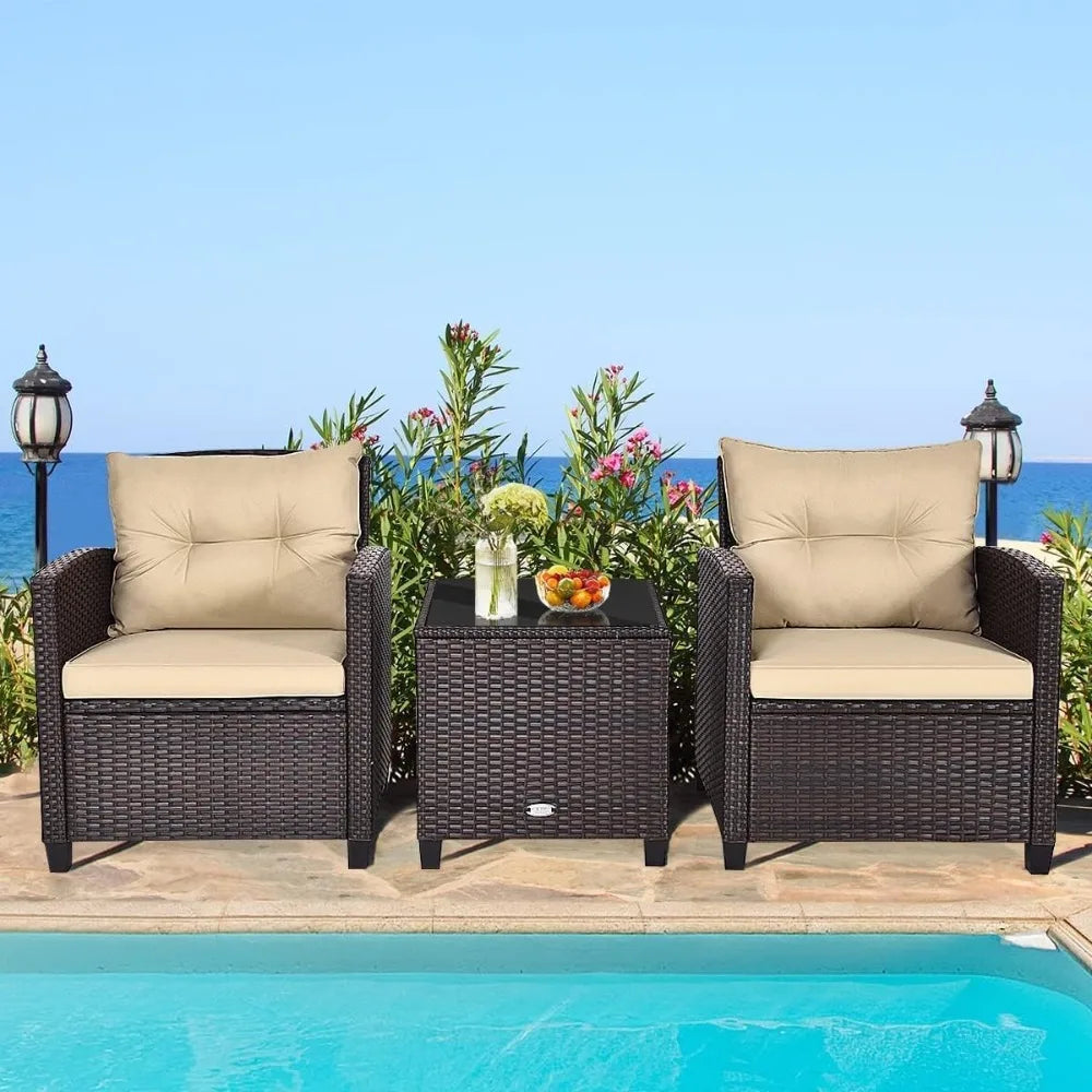 3 Pieces Patio Conversation Set, Outdoor Furniture Set PE Rattan Sofa Set With Removable Cushions, PE Wicker Chairs W