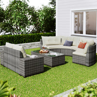 8-pieces Outdoor Wicker Round Sofa Set, Half-Moon Sectional Sets All Weather, Curved Sofa Set With Rectangular Coffee Table, PE