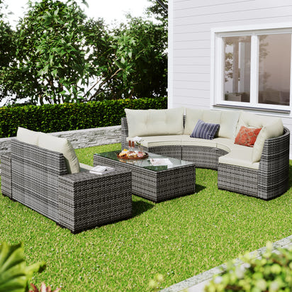 8-pieces Outdoor Wicker Round Sofa Set, Half-Moon Sectional Sets All Weather, Curved Sofa Set With Rectangular Coffee Table, PE