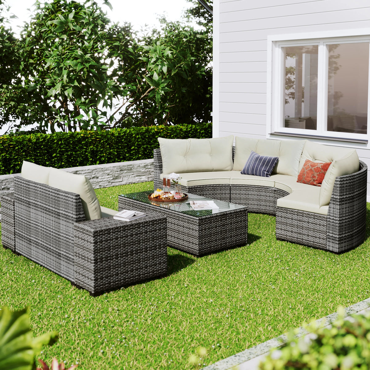 8-pieces Outdoor Wicker Round Sofa Set, Half-Moon Sectional Sets All Weather, Curved Sofa Set With Rectangular Coffee Table, PE