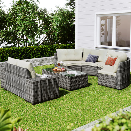 8-pieces Outdoor Wicker Round Sofa Set, Half-Moon Sectional Sets All Weather, Curved Sofa Set With Rectangular Coffee Table, PE