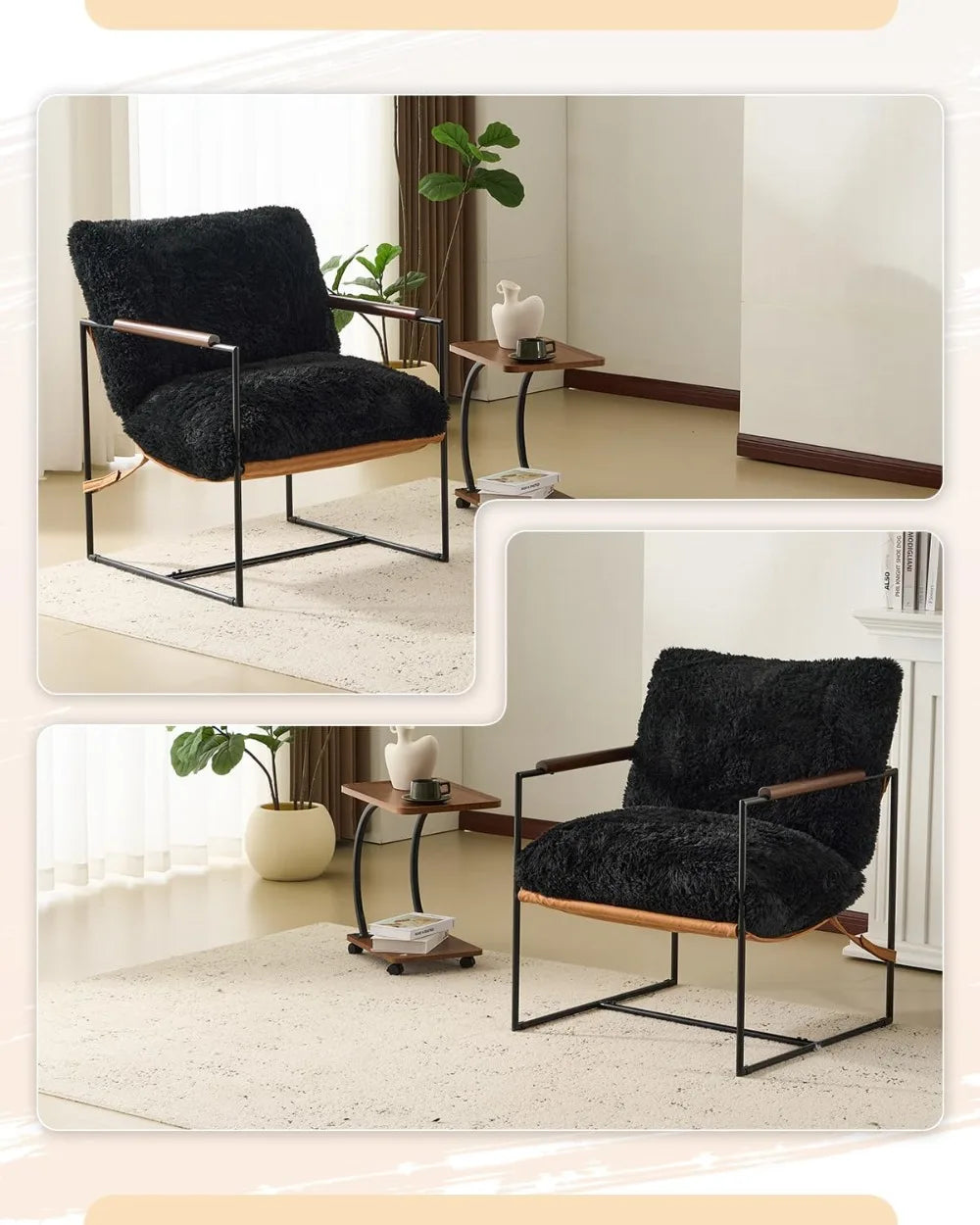 Modern Plush Fleece Accent Chair with Metal Frame & Wooden Armrests for Living Room, Bedroom, Balcony