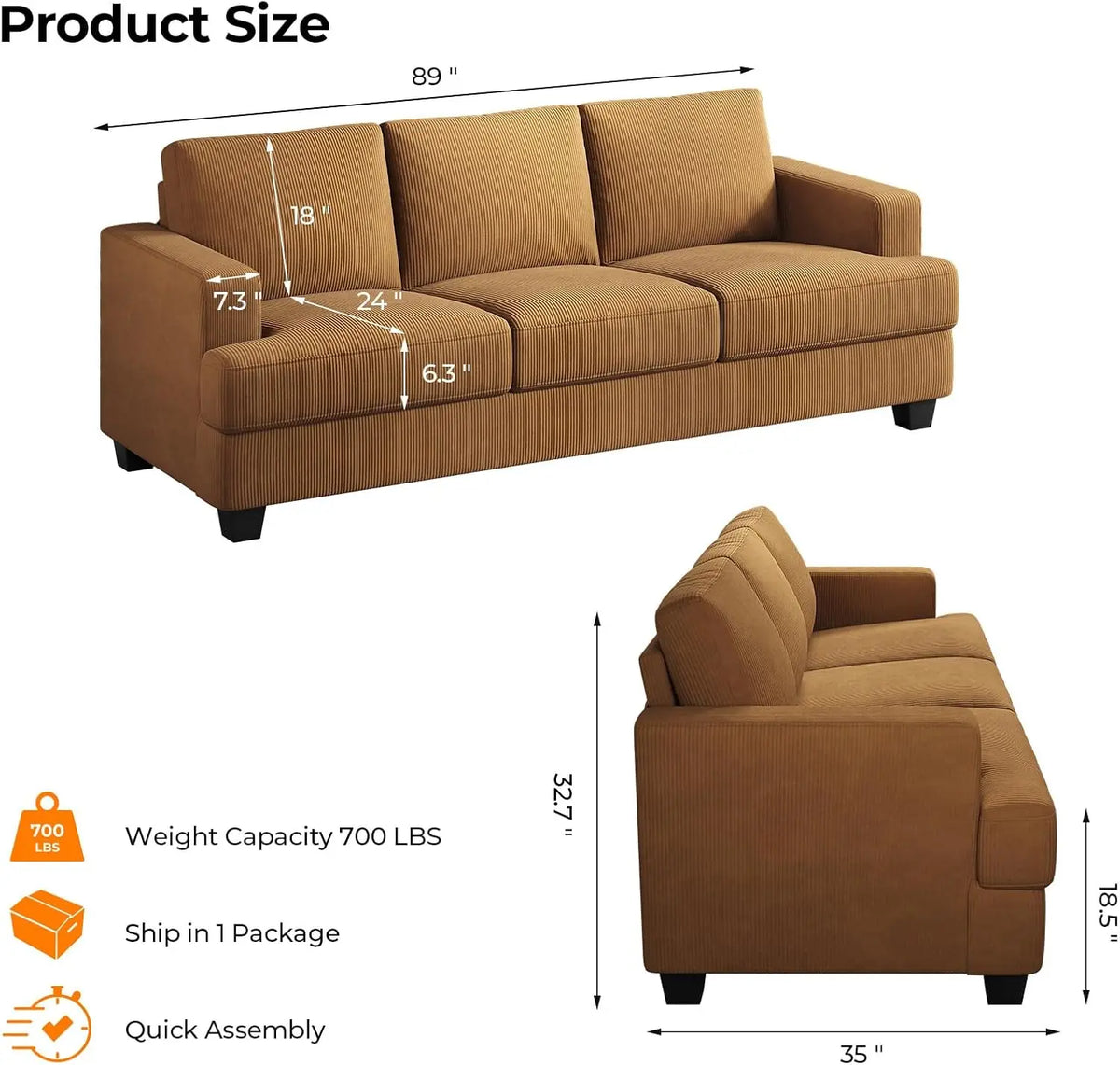 89 Inch Sofa with Extra Deep Seats Oversize, Corduroy Fabric 3 Seater Sofa for Living Room, Modern Couch and Sofa, Comfy